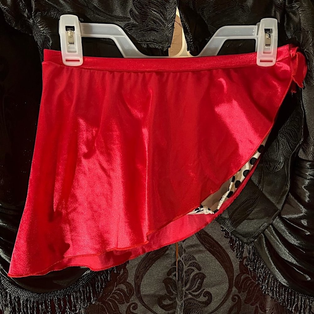 D.A. DESIGNS DANCEWEAR RED SILKY SKORT W/ WHITE & BLACK POLKA DOT UNDERNEATH M